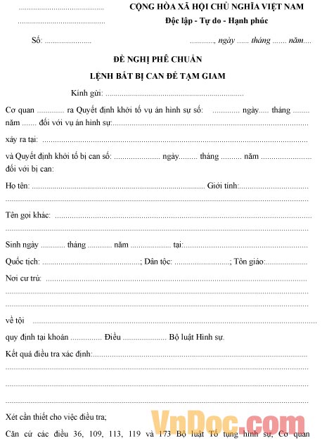 Mẫu đơn đề nghị phê chuẩn lệnh bắt bị can để tạm giam