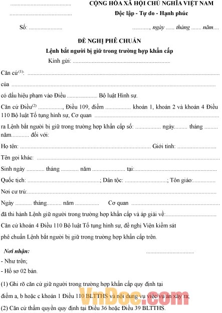 Mẫu đơn đề nghị phê chuẩn lệnh bắt người bị giữ trong trường hợp khẩn cấp