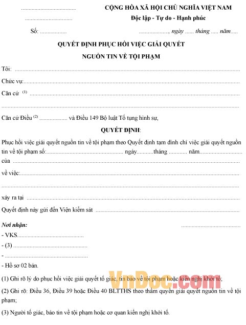 Mẫu quyết định phục hồi việc giải quyết nguồn tin tội phạm