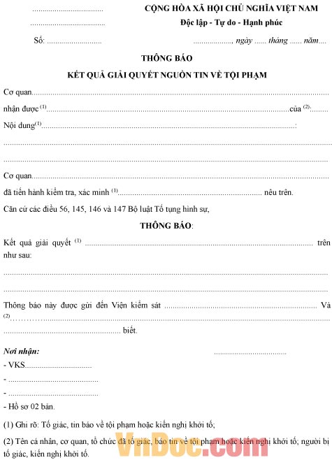 Mẫu thông báo kết quả giải quyết nguồn tin tội phạm