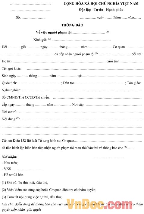 Mẫu thông báo về việc tội phạm ra đầu thú