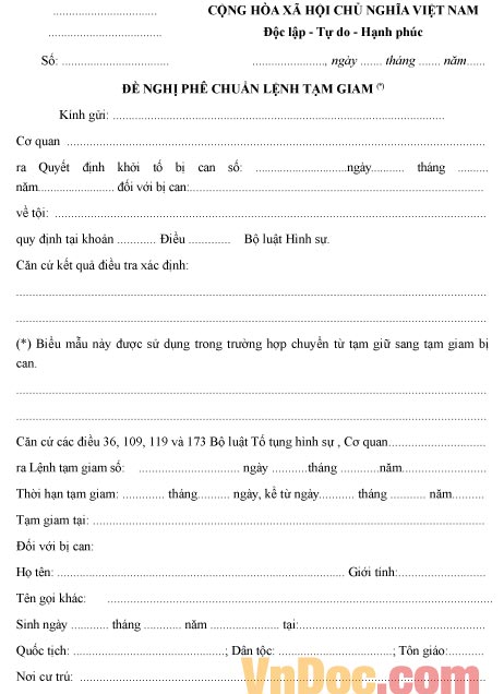 Mẫu đơn đề nghị phê chuẩn lệnh tạm giam