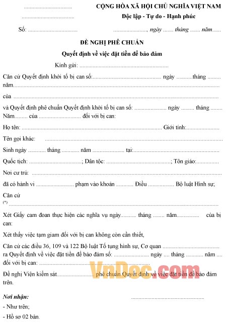 Mẫu đơn đề nghị phê chuẩn quyết định đặt tiền bảo đảm