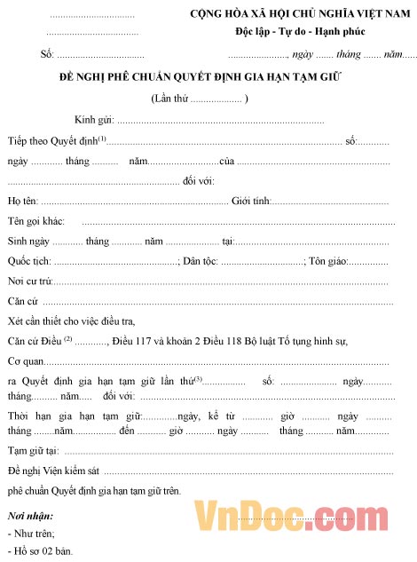 Mẫu đơn đề nghị phê chuẩn quyết định gia hạn tạm giữ