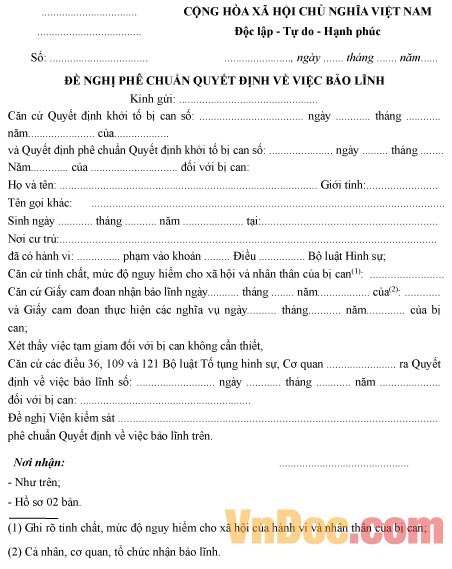 Mẫu đơn đề nghị phê chuẩn quyết định bảo lĩnh