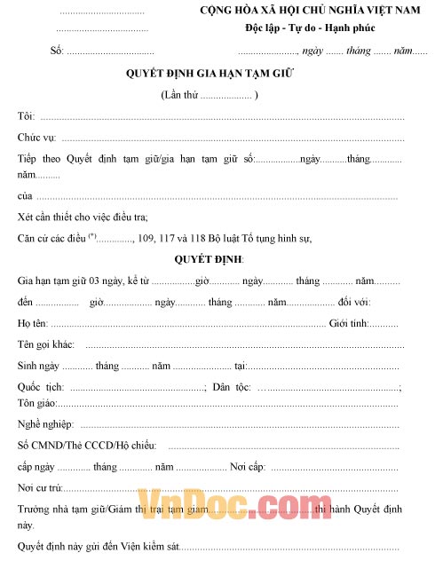 Mẫu quyết định gia hạn thời gian tạm giữ