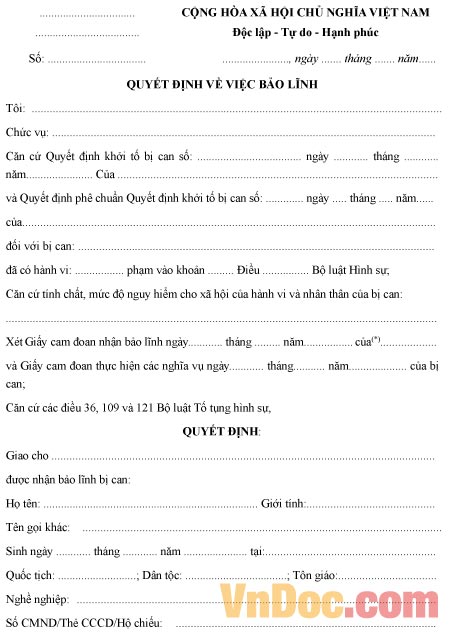 Mẫu quyết định bảo lĩnh