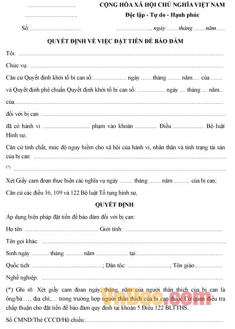 Mẫu quyết định đặt tiền để bảo đảm