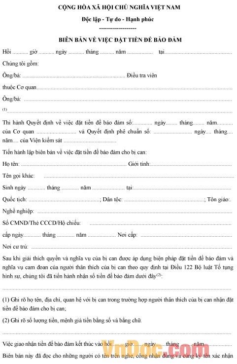 Mẫu biên bản đặt tiền để bảo đảm