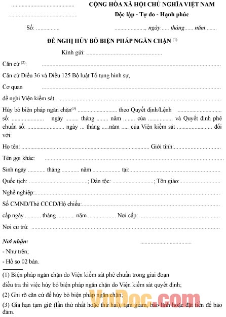 Mẫu đơn đề nghị hủy bỏ biện pháp ngăn chặn