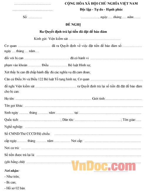 Mẫu đơn đề nghị ra quyết định trả lại tiền đã đặt để bảo đảm