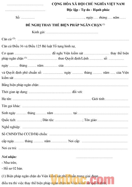 Mẫu đơn đề nghị thay thế biện pháp ngăn chặn