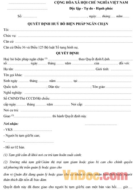 Mẫu quyết định về việc hủy bỏ biện pháp ngăn chặn