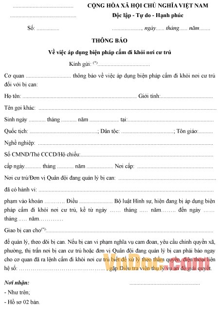 Mẫu thông báo áp dụng biện pháp cấm đi khỏi nơi cư trú