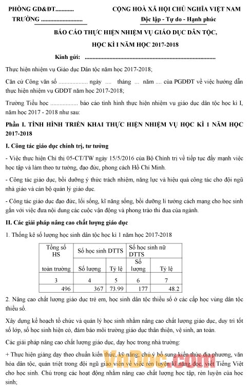 Mẫu báo cáo thực hiện nhiệm vụ giáo dục dân tộc học kì I