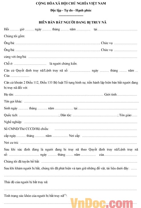 Biên bản bắt người đang bị truy nã