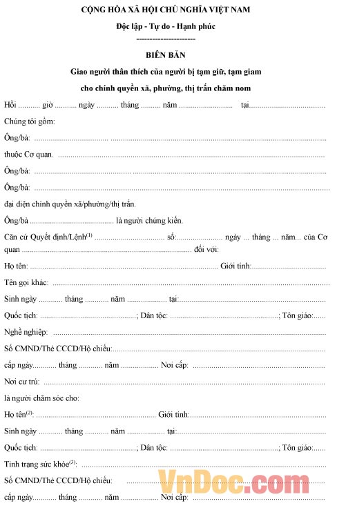 Biên bản giao người thân thích của người bị tạm giữ tạm giam