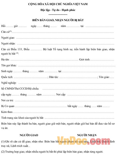 Biên bản giao nhận người bị bắt