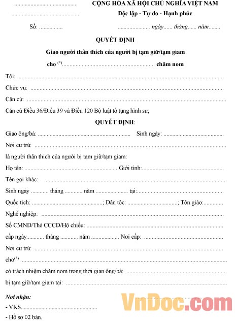 Quyết định giao người thân thích của người bị tạm giữ tạm giam