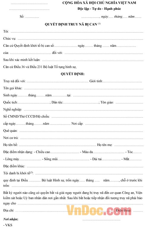 Mẫu quyết định truy nã