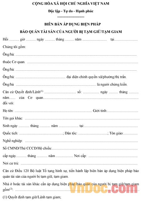 Biên bản áp dụng biện pháp bảo quản tài sản của người bị tạm giam