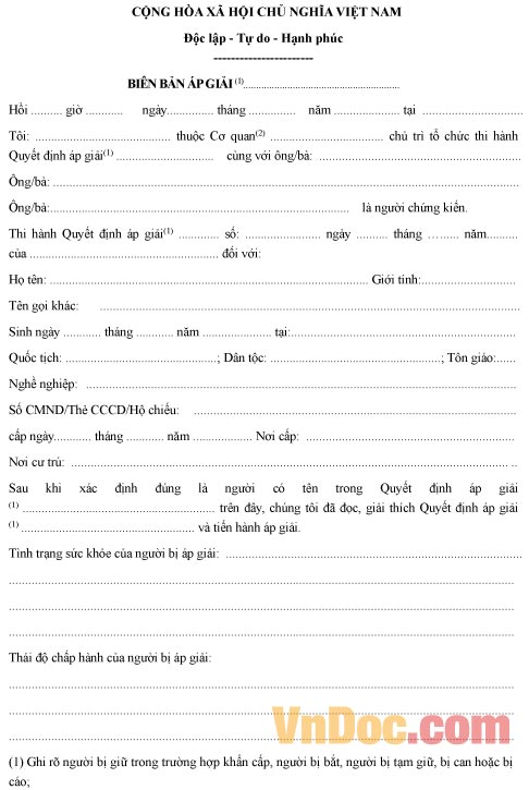 Mẫu biên bản áp giải người bị giữ trong trường hợp khẩn cấp