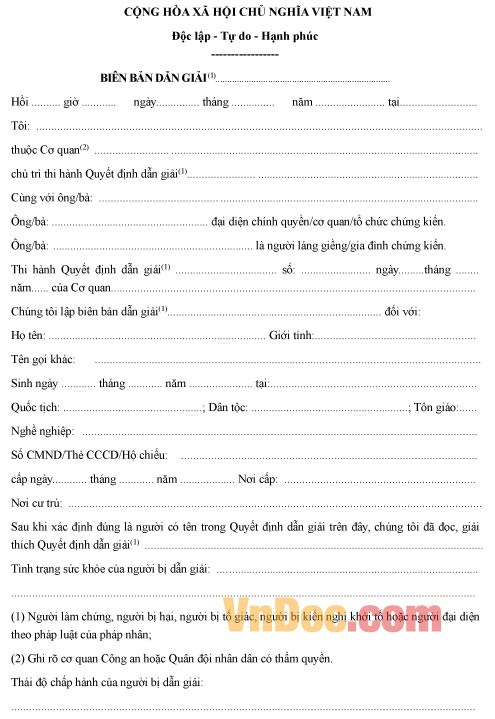 Mẫu biên bản về việc dẫn giải 