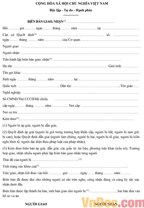 Mẫu biên bản ghi chép về việc giao nhận