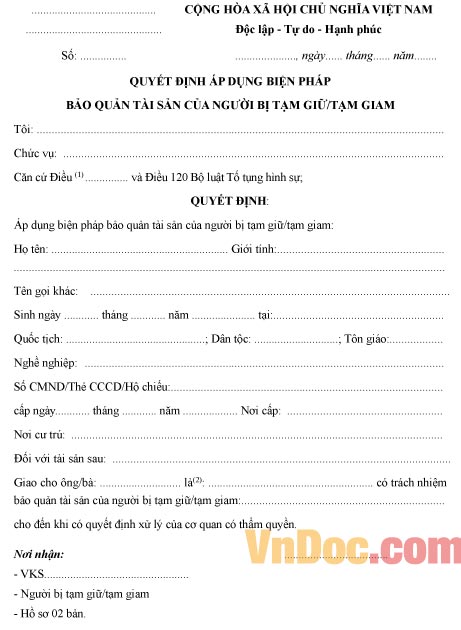 Quyết định áp dụng biện pháp bảo quản tài sản của người bị tạm giữ tạm giam