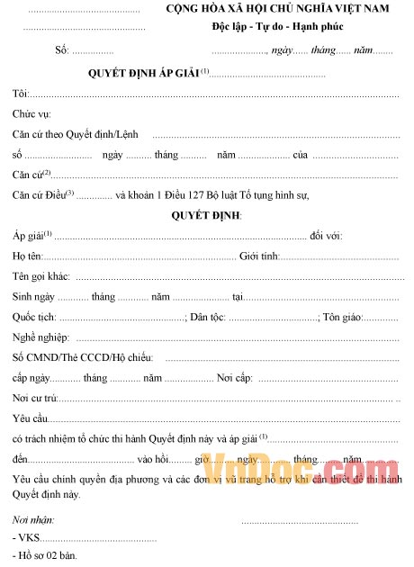 Mẫu quyết định áp giải người bị giữ trong trường hợp khẩn cấp