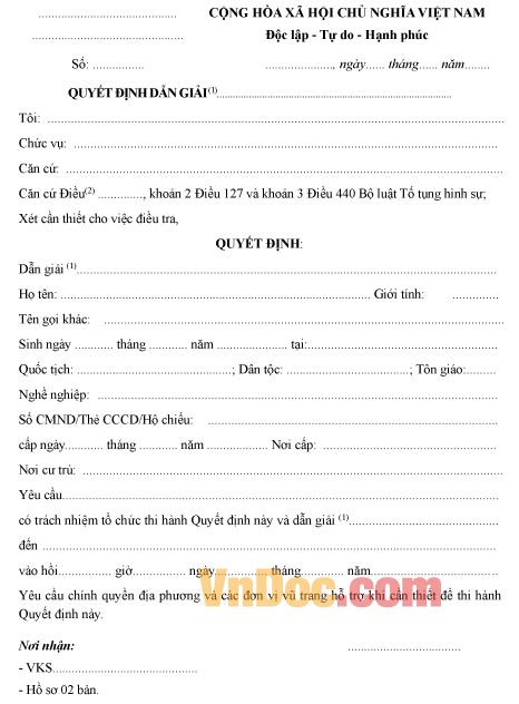 Mẫu quyết định về việc dẫn giải 