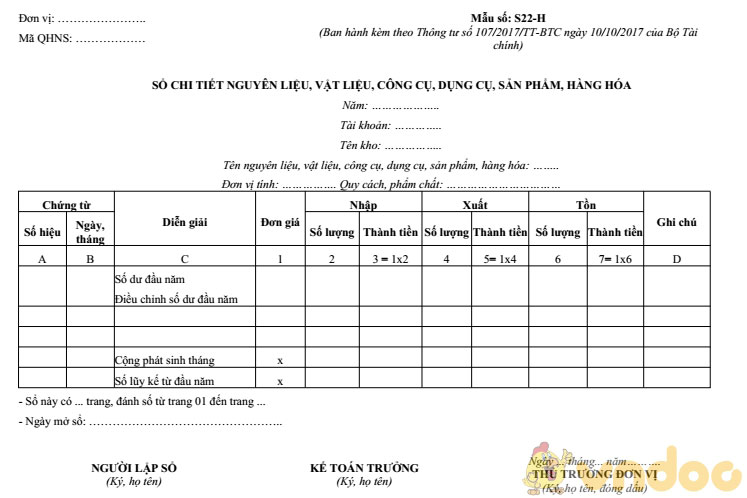 Sổ chi tiết nguyên liệu, vật liệu, công cụ, dụng cụ, sản phẩm, hàng hóa