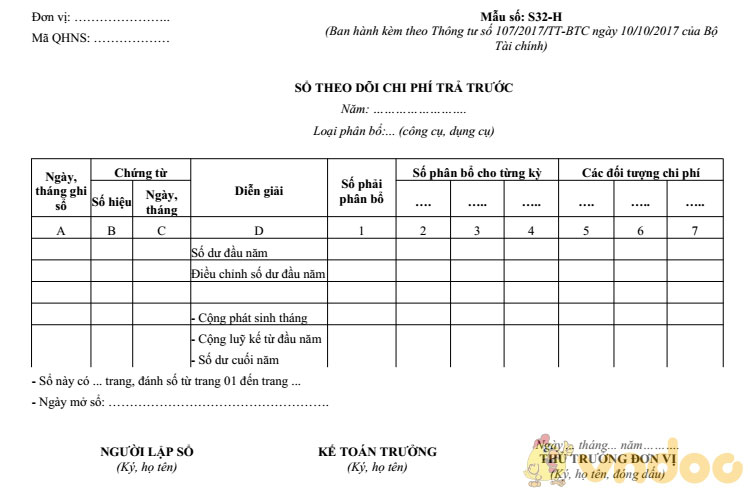 Sổ theo dõi chi phí trả trước