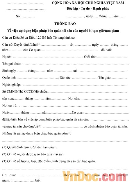 Thông báo áp dụng biện pháp bảo quản tài sản của người bị tạm giam