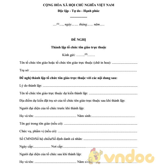 Đơn đề nghị thành lập tổ chức tôn giáo trực thuộc