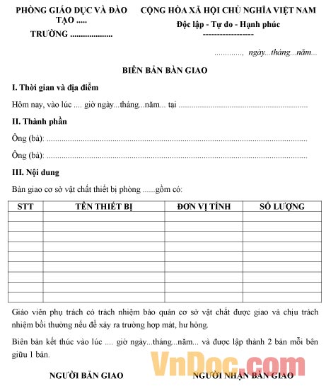 Biên bản bàn giao phòng bộ môn