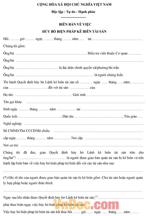 Mẫu biên bản về việc hủy bỏ biện pháp kê biên tài sản