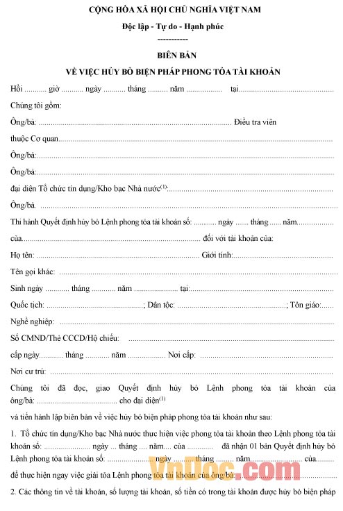 Mẫu biên bản về việc hủy bỏ biện pháp phong tỏa tài khoản