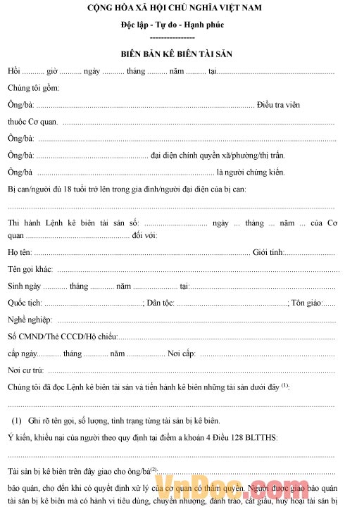 Mẫu biên bản về việc kê biên tài sản