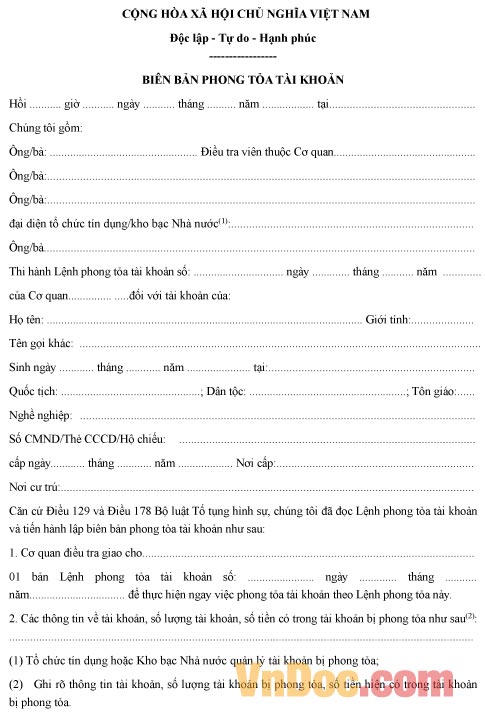 Mẫu biên bản về việc phong tỏa tài khoản