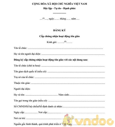 Mẫu đăng ký cấp chứng nhận hoạt động tôn giáo