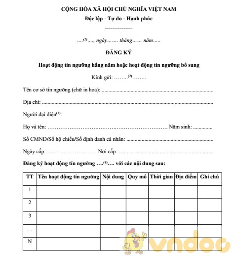 Mẫu đăng ký hoạt động tín ngưỡng hằng năm