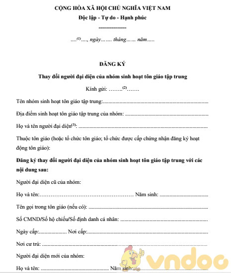 Mẫu đăng ký thay đổi người đại diện của nhóm sinh hoạt tôn giáo