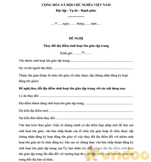 Mẫu đề nghị thay đổi địa điểm sinh hoạt tôn giáo tập trung
