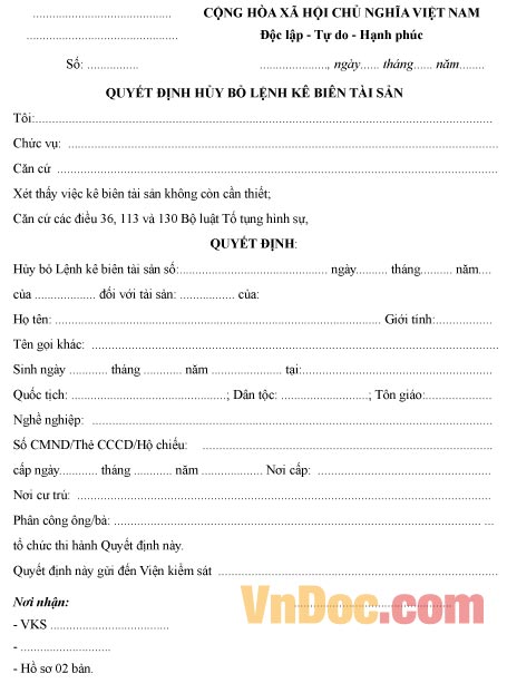 Mẫu quyết định về việc hủy bỏ lệnh kê biên tài sản