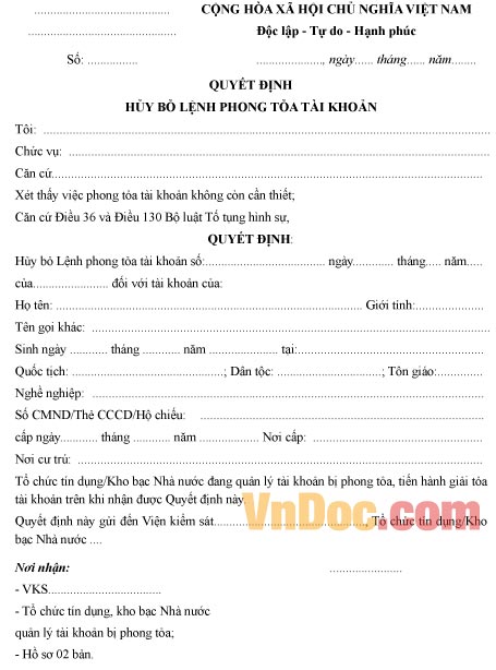 Mẫu quyết định về việc hủy bỏ lệnh phong tỏa tài khoản