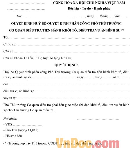Mẫu quyết định hủy bỏ quyết định phân công phó thủ trưởng cơ quan điều tra tiến hành điều tra vụ án hình sự