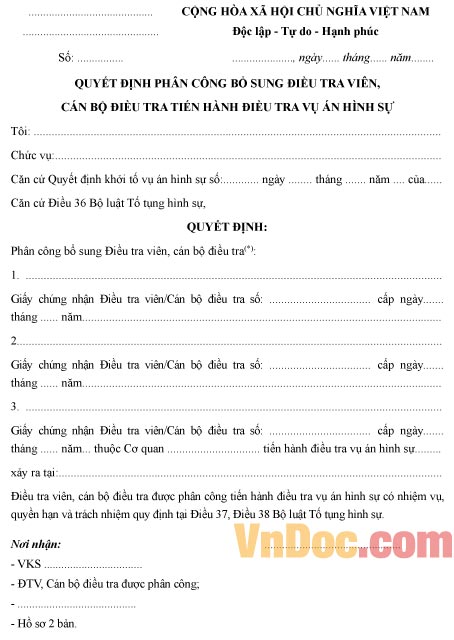 Mẫu quyết định phân công bổ sung điều tra viên, cán bộ điều tra tiến hành điều tra vụ án hình sự