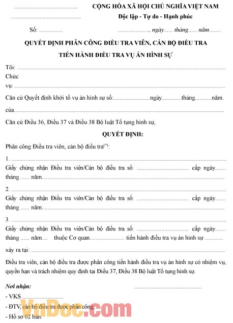 Mẫu quyết định phân công điều tra viên, cán bộ điều tra tiến hành điều tra vụ án hình sự