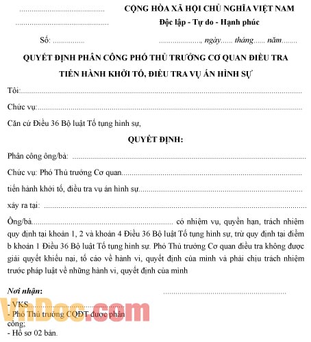 Quyết định phân công phó thủ trưởng cơ quan điều tra tiến hành khởi tố điều tra
